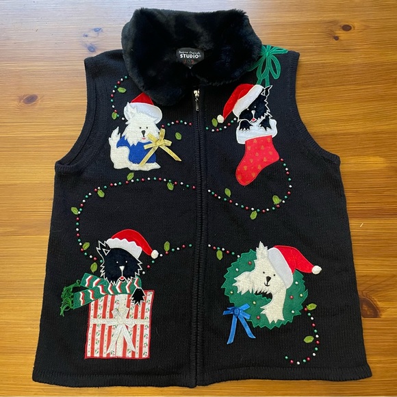 Vintage Y2K Designers Originals Studio Joy Christmas Dogs Zip-Up Vest - Small - Picture 1 of 10